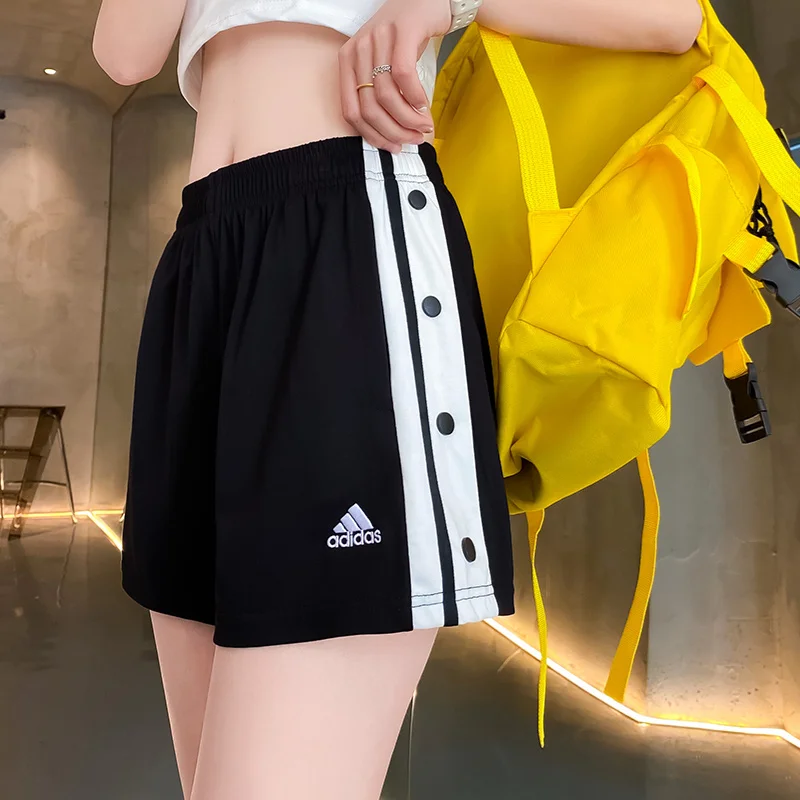 Adidas Pants Women Stripes Viscose Embroidery Icon Diamond Pattern Casual Button Pants Black and White