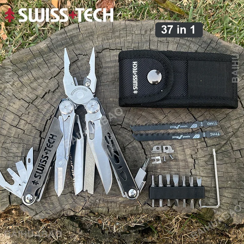 

SWISS TECH 37 In 1 Multitool Pliers Folding Multi Tool Scissors Cutter With Replaceable Saw Blade EDC Outdoor Camping Equipment