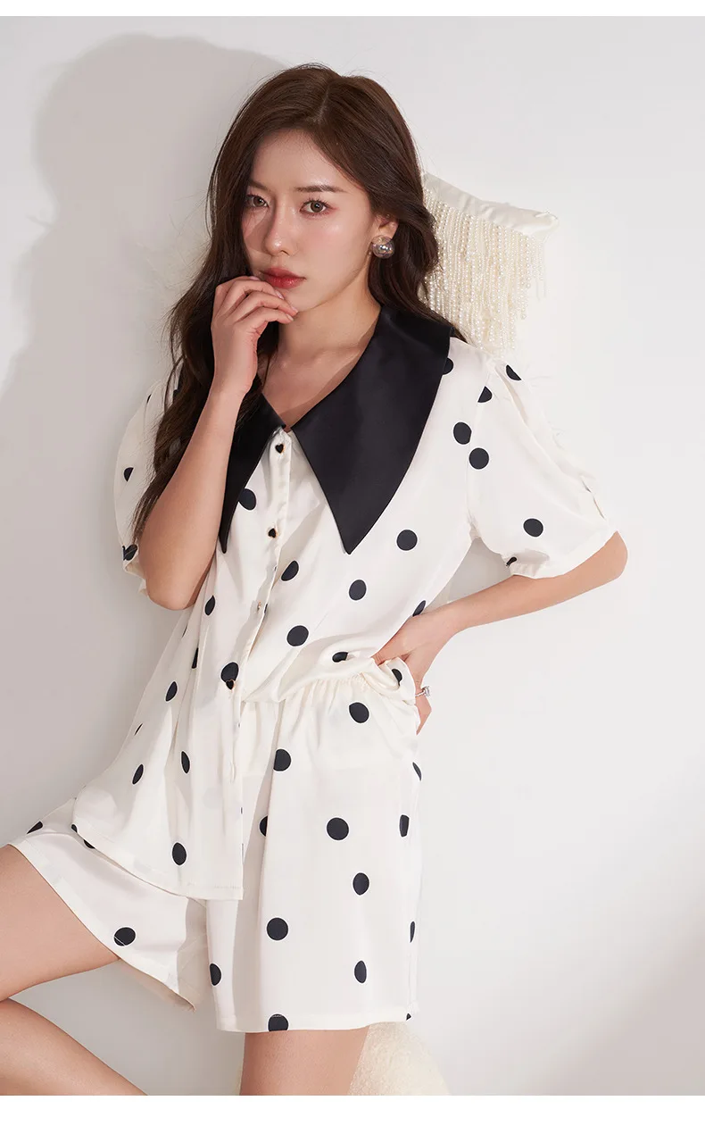 CRLAYDK 2023 Summer Polka Dot Pamas Set for Women Satin Silk Button Down Short Sleeve Sleepwear Bride Soft Pj Loungewear_voghion.com