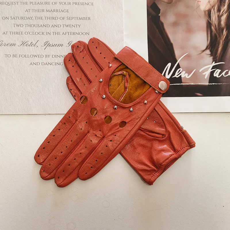 New Women's Sheepskin Gloves Thin Unlined Rivet Style Colored Driving Leather Gloves
