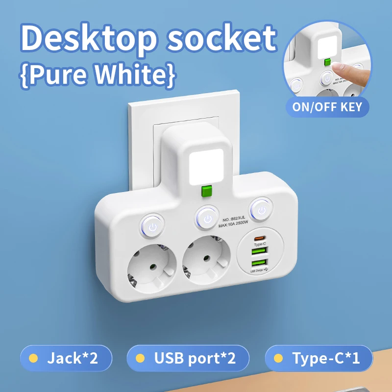European Standard Wall-Mounted Power Strip with USB-C Charging and Independent Switches