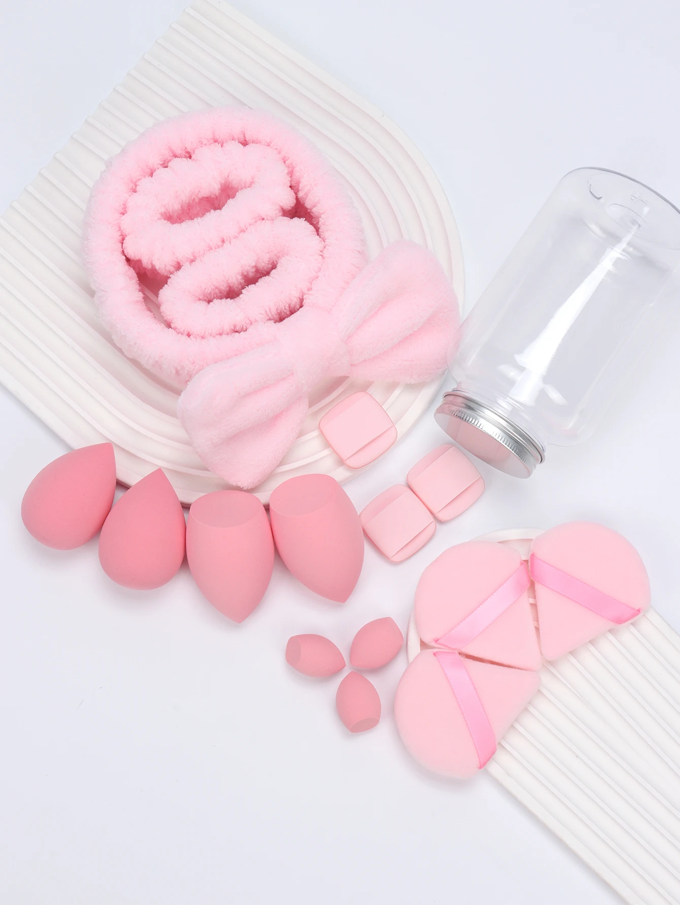 Japanese Style Bow Headband 16-Piece Set, 1 Headband, 2 Wrist Straps, 4 Makeup Sponges, 3 Mini Makeup Sponges, 3 Triangular Loos 2