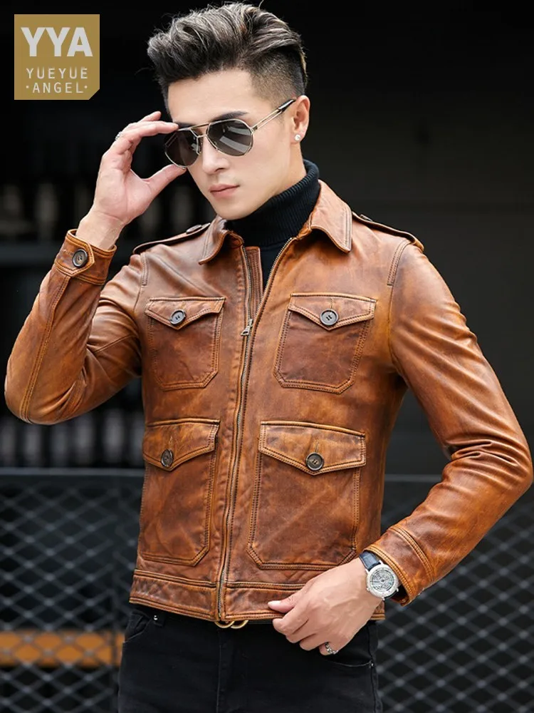 

Natural Sheepskin Jacket Men Slim Fit Business Casual Genuine Leather Cargo Coat Short Vintage Pockets Motorcycle Biker Jacket