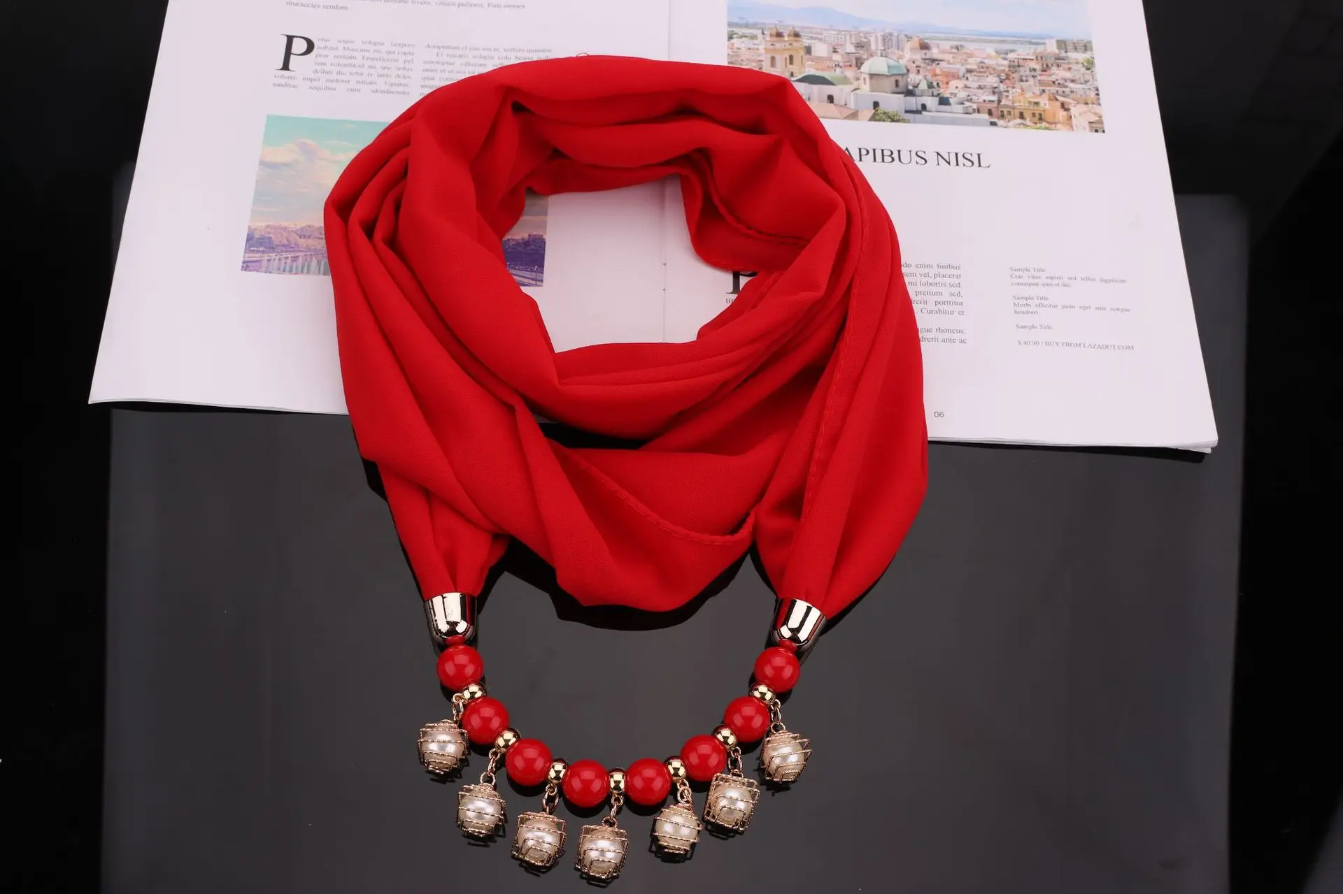 Sd458cfc9a7364c5c93868f1f0a132afbH Women Chiffon Neckerchief Hijabs Scarf Necklaces Beads Pearls Solid Color Jewelry Shawl Pendant Scarves Bohemia Head Scarf Mallzona