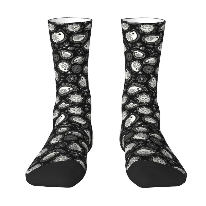 

Funny Printed Hedgehog Paisley Socks for Women Men Stretchy Summer Autumn Winter Hedgehogs Cashmere Black And White Crew Socks