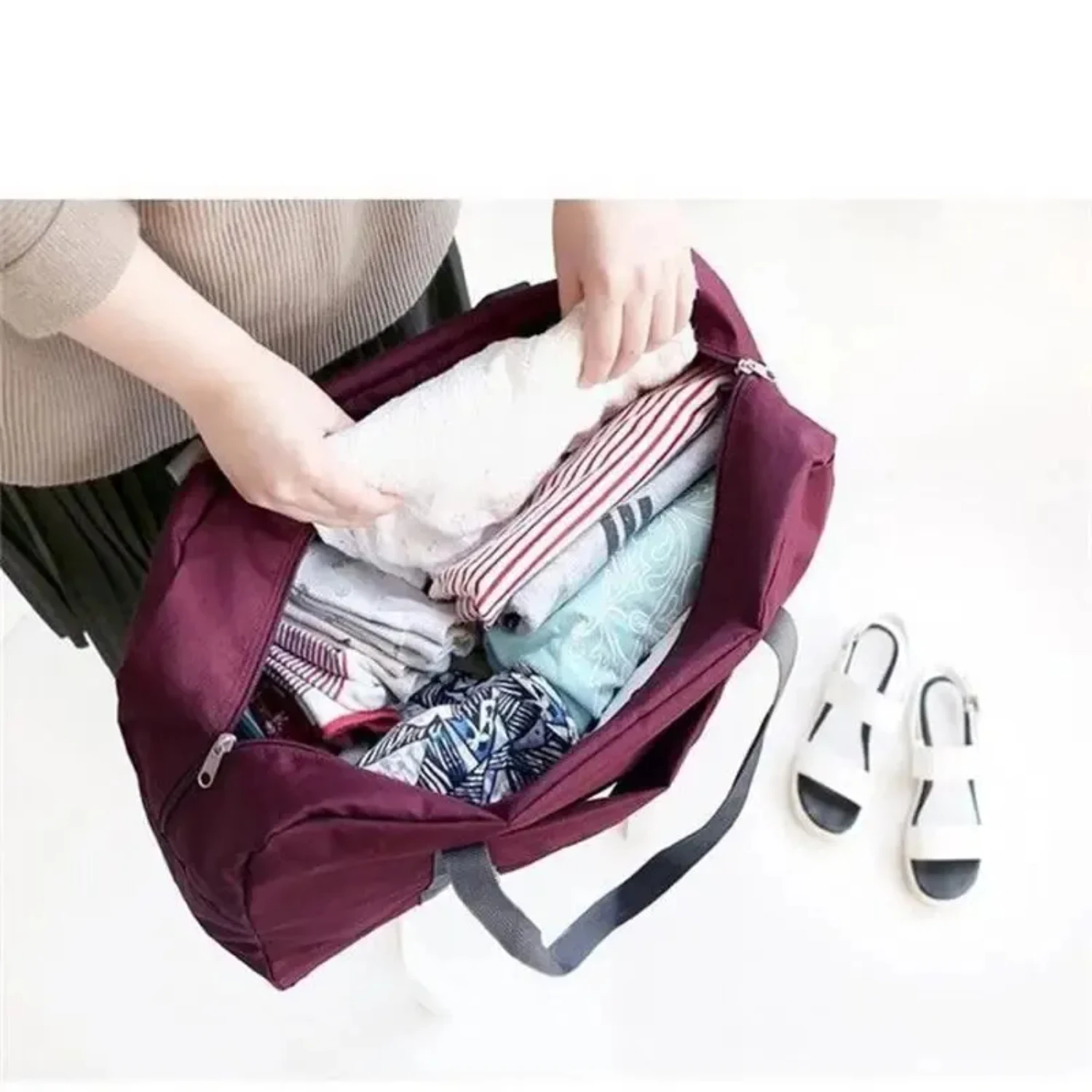 1Pc Red/Navy/Green Multifunctional Folding Travel Bag Single Shoulder Hand Luggage Large Capacity Waterproof