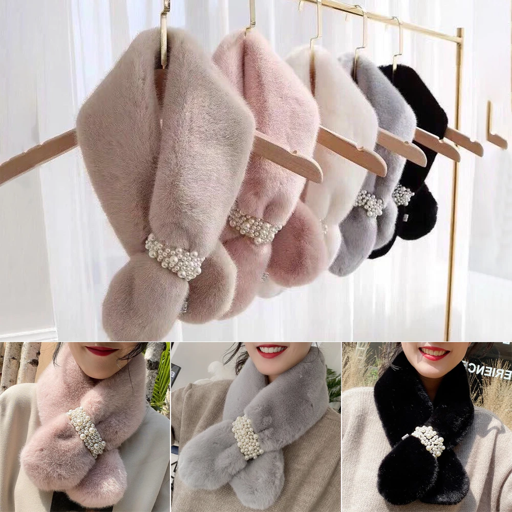 Bufandas de piel de perla para mujer, bufanda de piel de conejo Rex imitación cálida, accesorios de decoración de ropa, elegante, a la moda, Otoño e Invierno| | - AliExpress