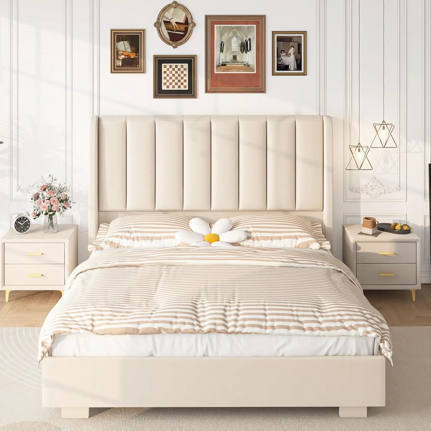 Lift Up Storage Bed Frame with 51" Tall Headboard, Queen Size Bed Frame with Storage Underneath, Velvet Wingback Design 3