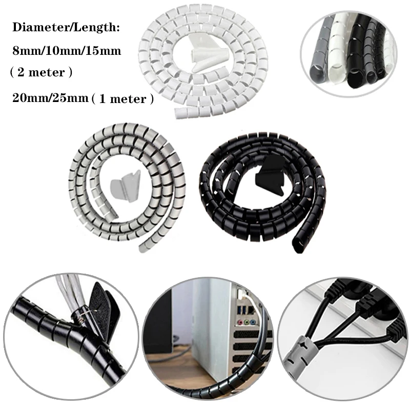 

1m 2m 8/10/15/20/25mm Wire Storage Tube Clip Cable Sleeve Organizer Pipe Wrap Cord Protector Flexible Spirals Management Device
