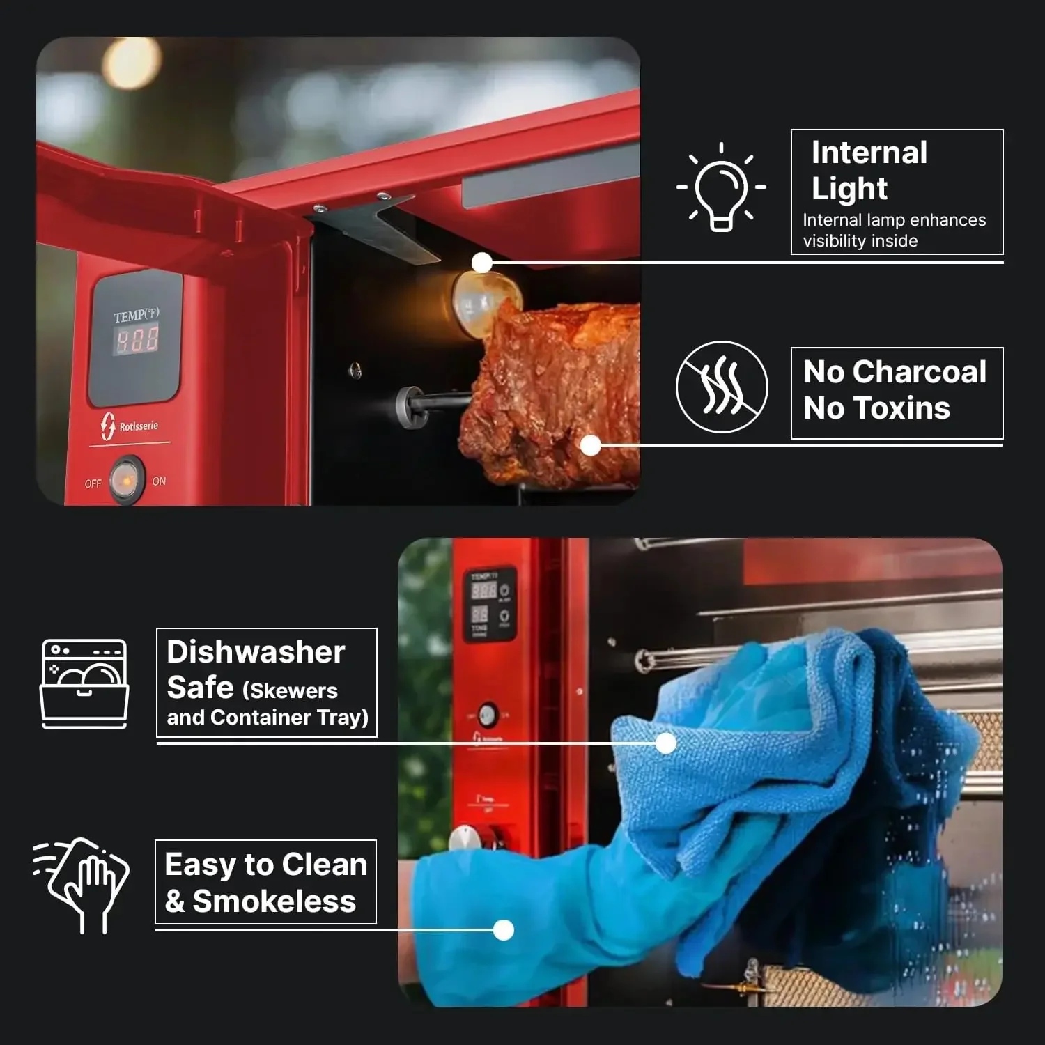 Flame Rotisserie Grill Roaster with 2 Auto Rotating Indoor Skewers for Rotisserie Chicken, Steak, Fish, Brazilian Style BBQ, Ele 3