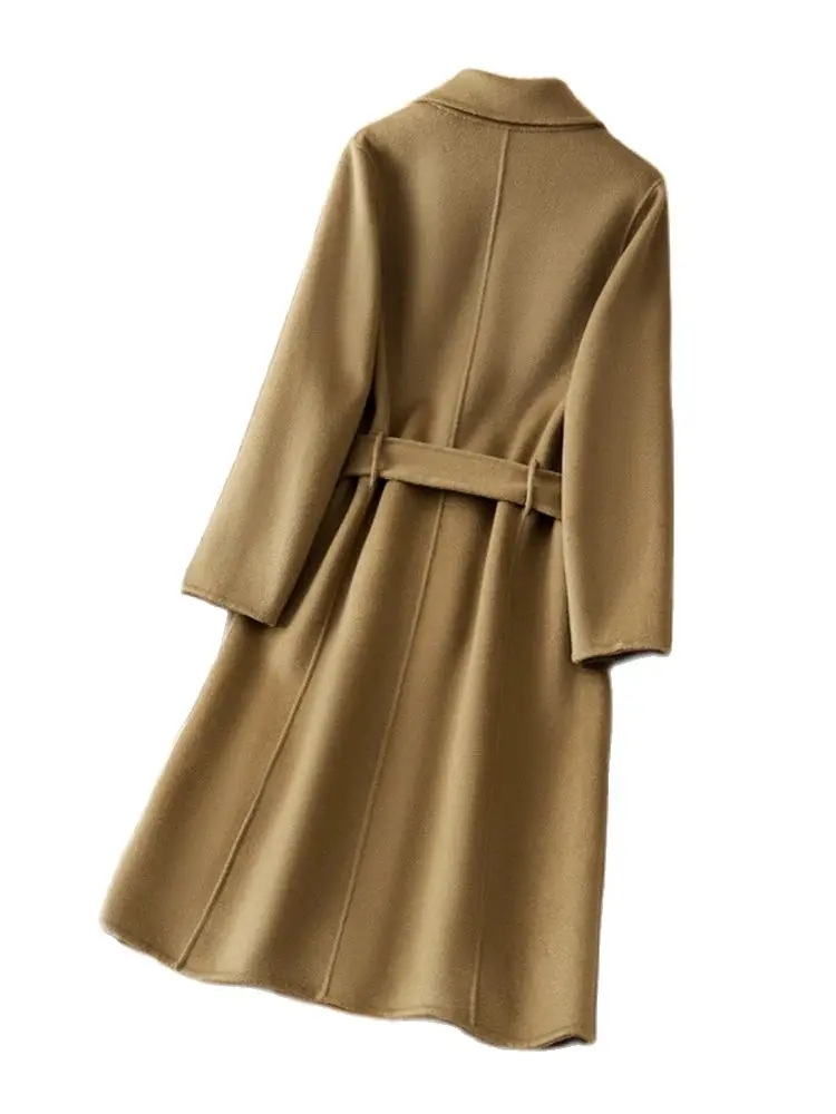 Trench Coat Style Women's Coat Autumn and Winter New Pure Wool Woolen Coat Lace-up Waist Slimming Coat Comfortable Loose Top