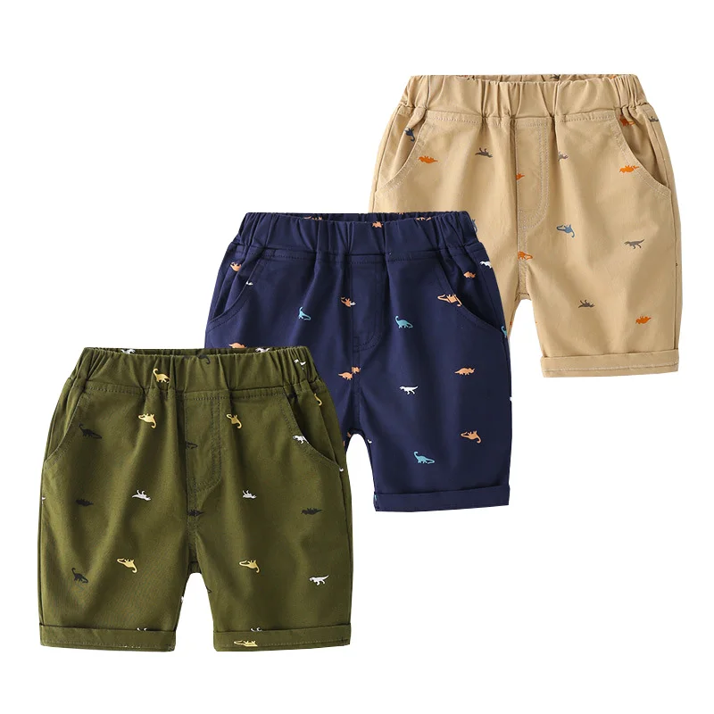 Shorts de algodão para meninos, shorts na altura do joelho com motivo dinossauro, roupa casual para praia ou verão, para crianças