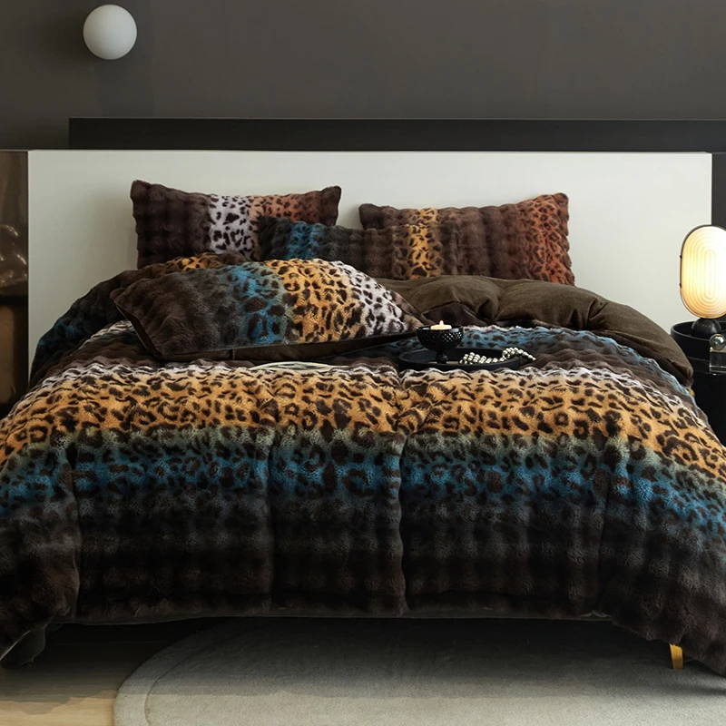 

500g Double Sided Thickened Faux Rabbit Fur Velvet Fleece Leopard Zebra Print Bedding Set Plush Duvet Cover Bed Sheet Pillowcase