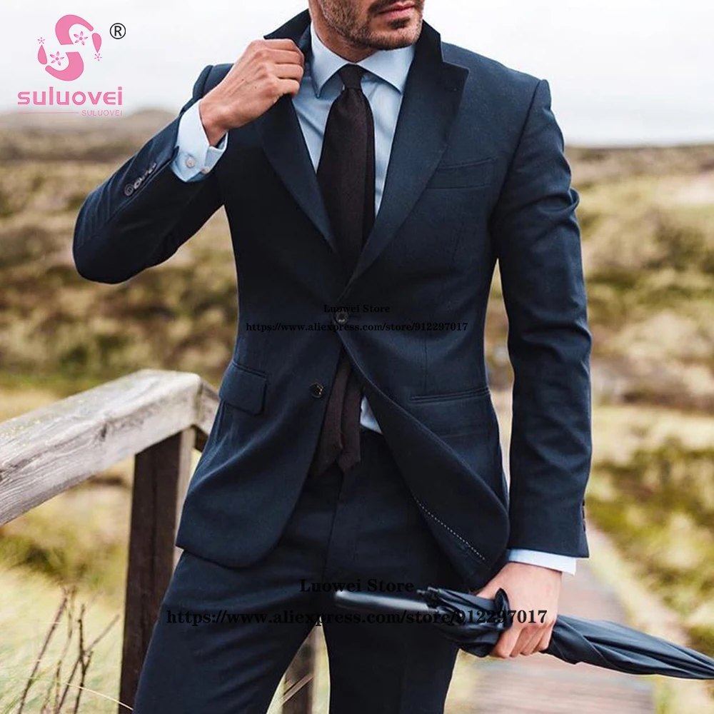 Fashion Navy Blue Business Suits For Men Slim Fit 2 Piece Jacket Pants Set Male Blazer Formal Groom Wedding Notch Lapel Tuxedo