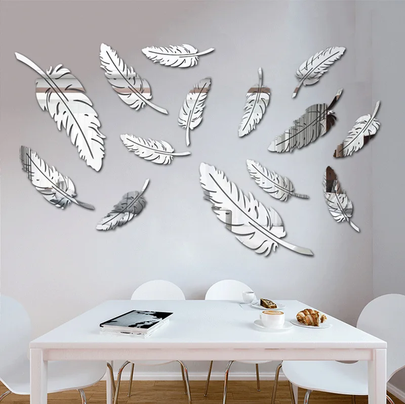 

3D Feather Mirror Acrylic Wall Sticker Creative Stickers for Children's Room Wall Decoration, 3D, Living Room