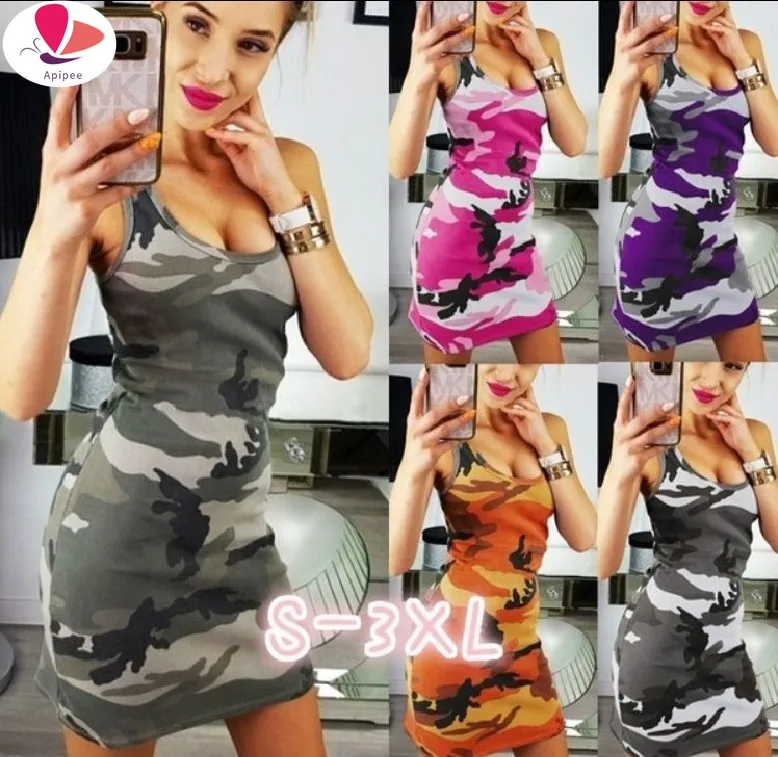

2024 New Womens Camouflage Printed Tank Tops Sleeveless Bodycon Strapless Dresses Summer Holiday Beach Mini Dress