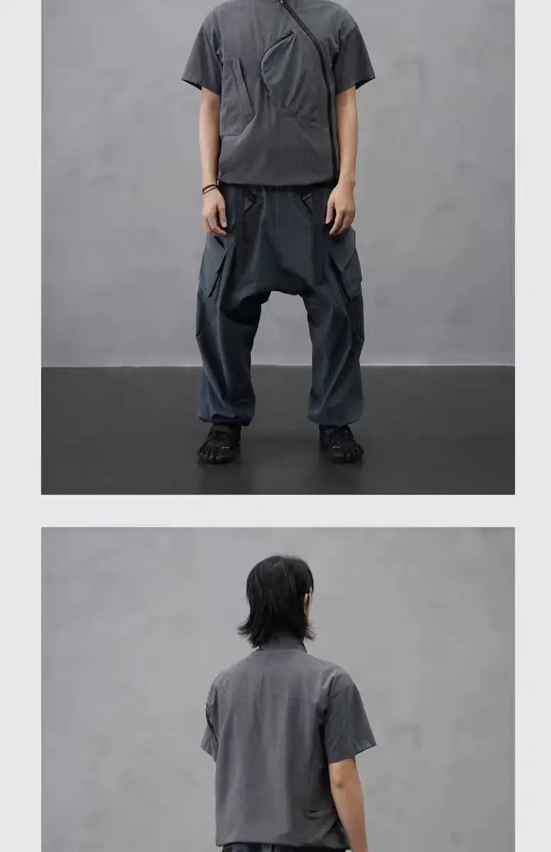 Nosucism 24ss Incline zipper Gray short sleeve shirt textured sorona fabric centered chest pocket irregular collar techwear