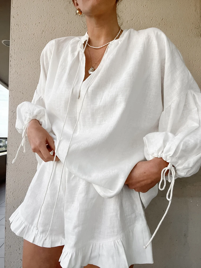 Marthaqiqi Cotton Ladies Nightgowns Set Long Sleeve Nightwear Sexy O-Neck Sleepwear Ruffle Edge Shorts Casual Women Pajamas Suit