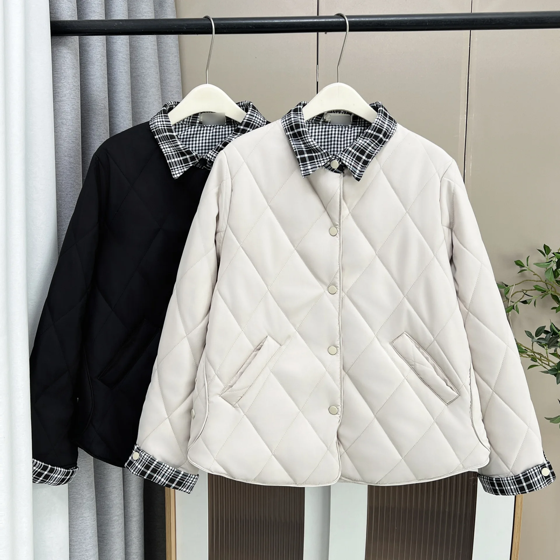 XXXXL Fashion Plus Size Women's Parkas 2025 Autumn And Winter New Style Plaid Lapel Padded Jacket Warm Coats 072