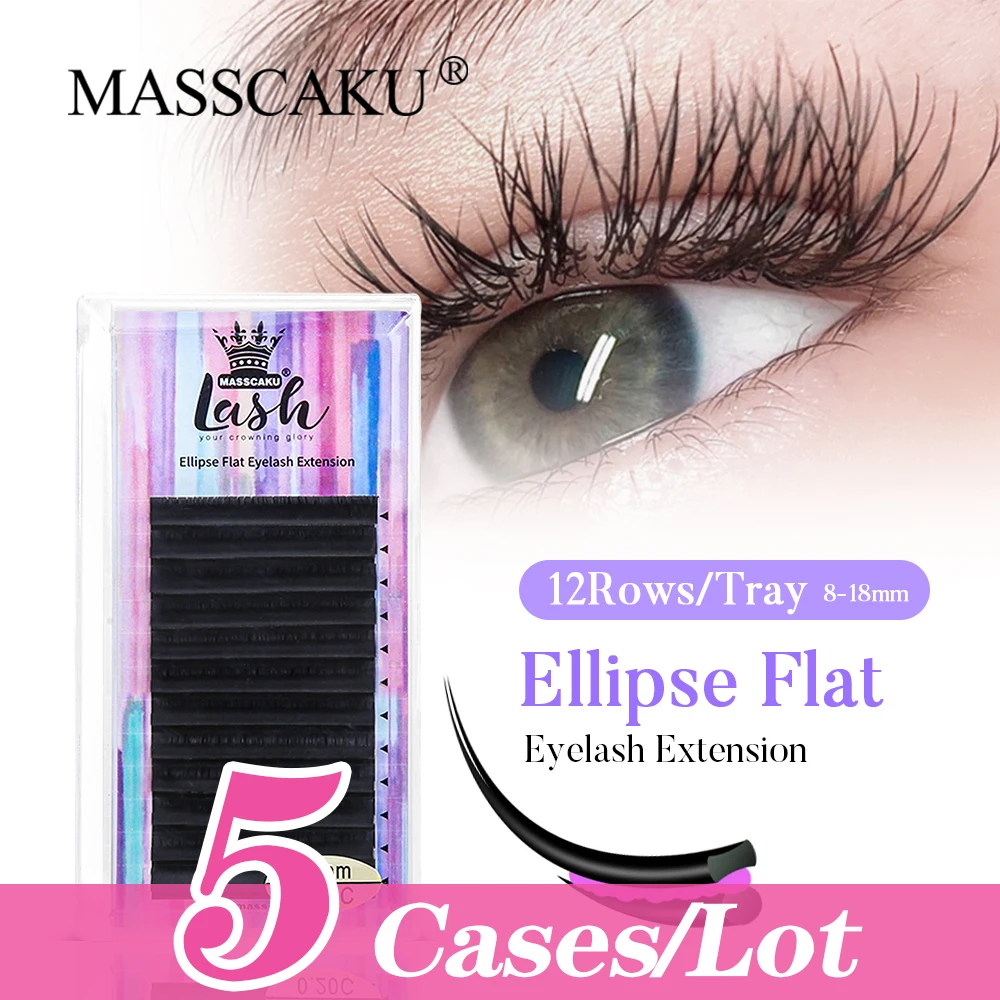 

MASSCAKU 12rows Ellipse Flat Split Tips Natural Light 8-20mm & Mix Faux Super Dark Black Matte Ellipse Eyelashes(5 Pcs/lot)