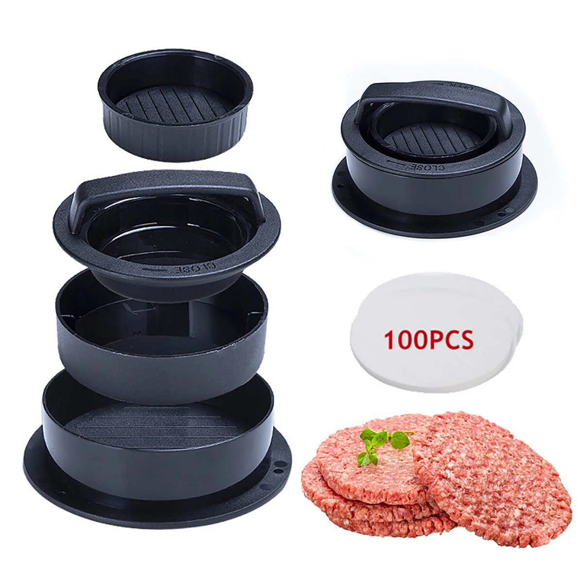 Burger Press With 100 Pcs Oil Paper Hamburger Multi-Purpose Meat Press Patty Meatloaf Mould Barbecue Kitchen Utensils Cooking