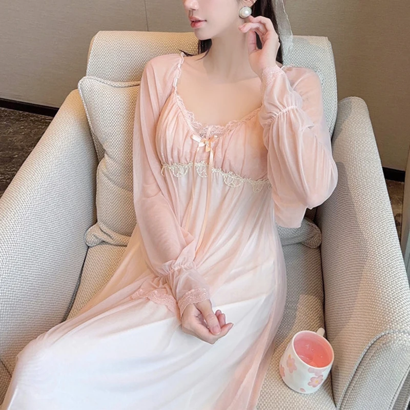 

Women Sexy Nightdress Long Modal Nightgown Mesh Lace Homewear Elegant Loungewear Lady Princess Style Sleepwear Nightwear