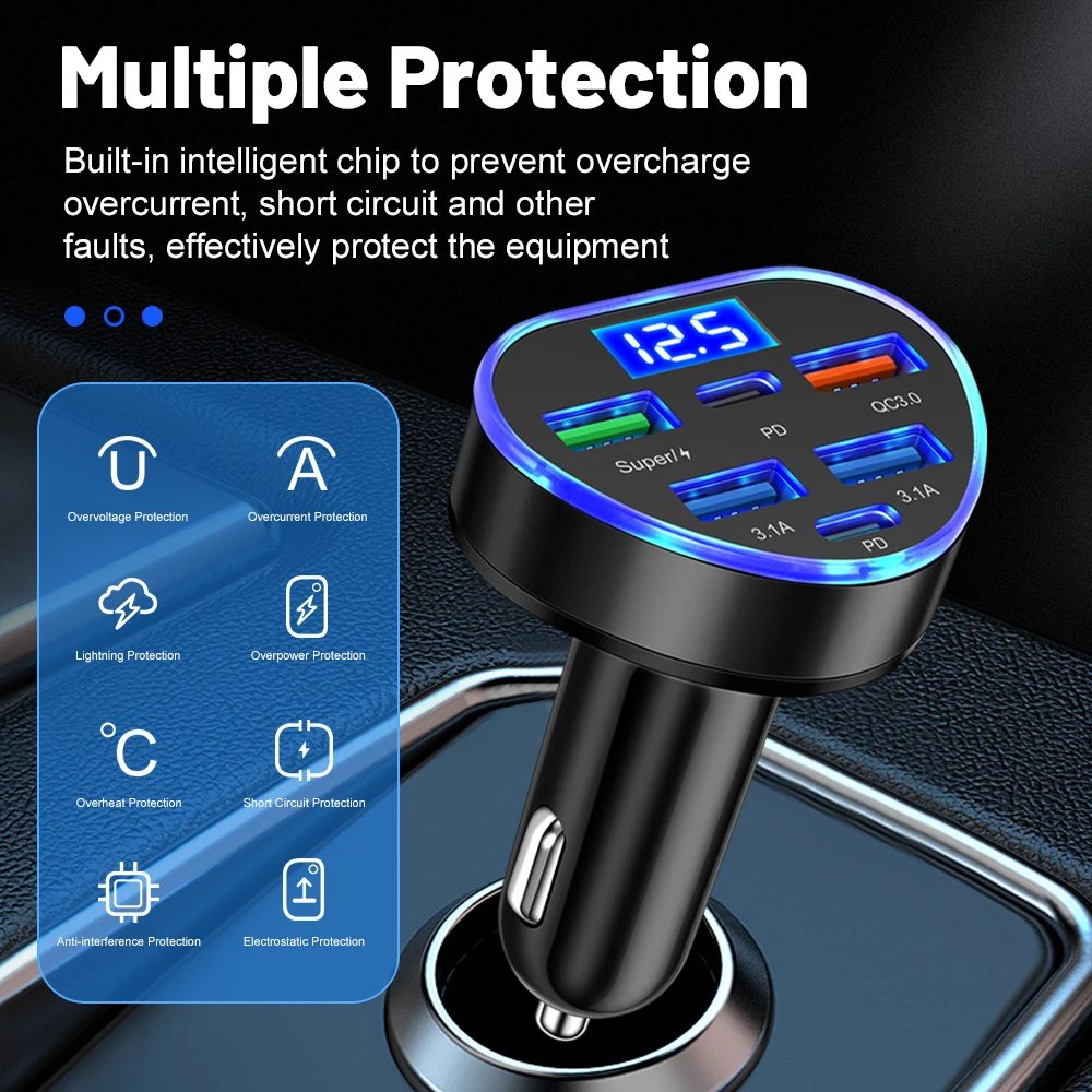 100W 6 Ports Car Charger Heart Shape Fast Charging PD Quick Charge QC3.0 USB Type C Car Phone Charger Adapter For iPhone Xiaomi