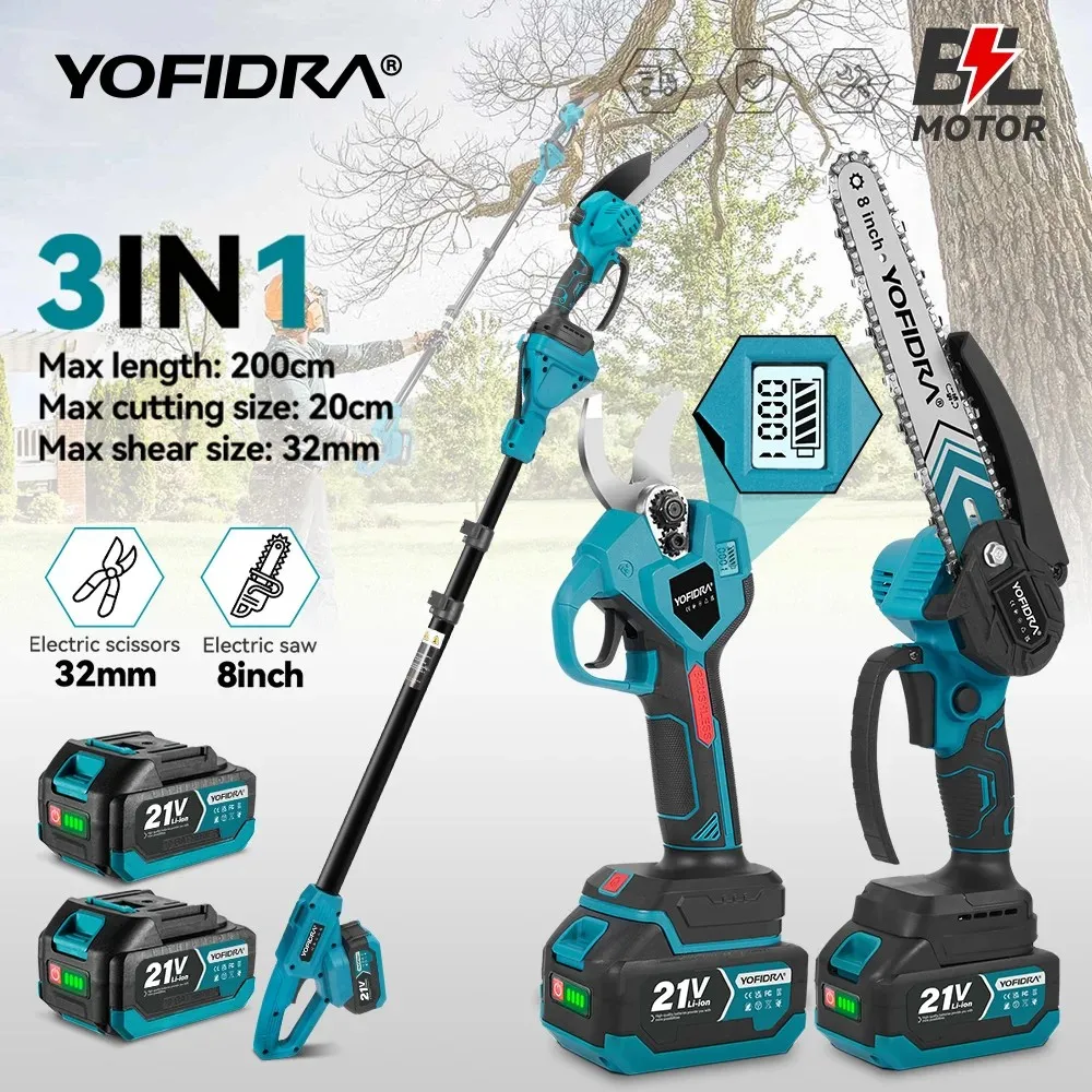 YOFIDRA Brushless Telescoping Pole Electric Chainsaw Pruner Shear Scissor High Garden Pruning Tool For Makita 21V Battery Pin