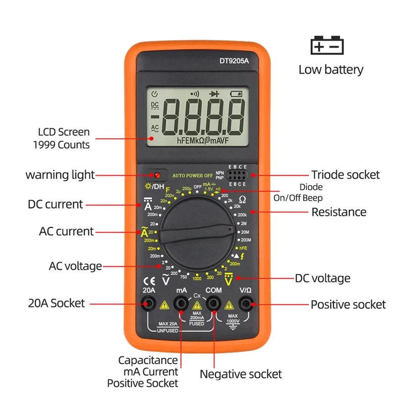 Digital Multimeter DT9205A AC/DC Transistor Tester Electrical NCV Test Meter Profesional Analog Auto Range