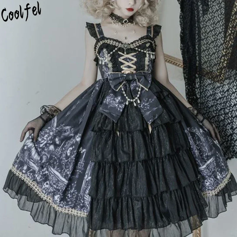 

Japanese Goth Black Suspender Princess Lolita Dress Vintage Women Gothic Print Beading Slevelesss Backless JSK Fairy Dresses