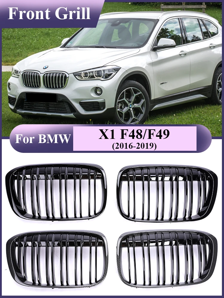 Двойная планка из углеродного волокна Глянцевая черная решетка для BMW X1 F48 F49 2016-2019 XDrive автомобильный передний бампер Kindey гриль Стайлинг
