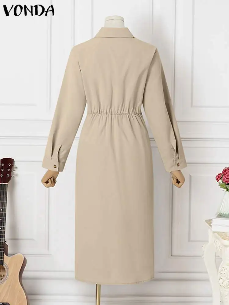 우아한 사무실 드레스 여성용, 여름 긴 소매 긴 셔츠 Sundress Robe 2023 패션 드레스 캐주얼 솔리드 컬러 Midi Vestidos