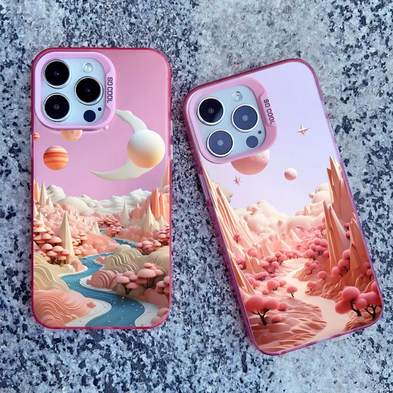 Creative Mountains Landscape Scenery Pink Shockproof Laser Phone Case