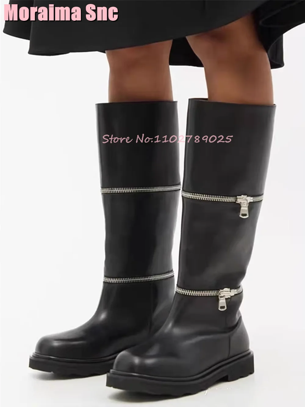 

Zipper Stitching Round Toe Knee High Boots Block Mid Heel Fashion Unique Designer Women Long Boots Black Solid Autumn Winter New