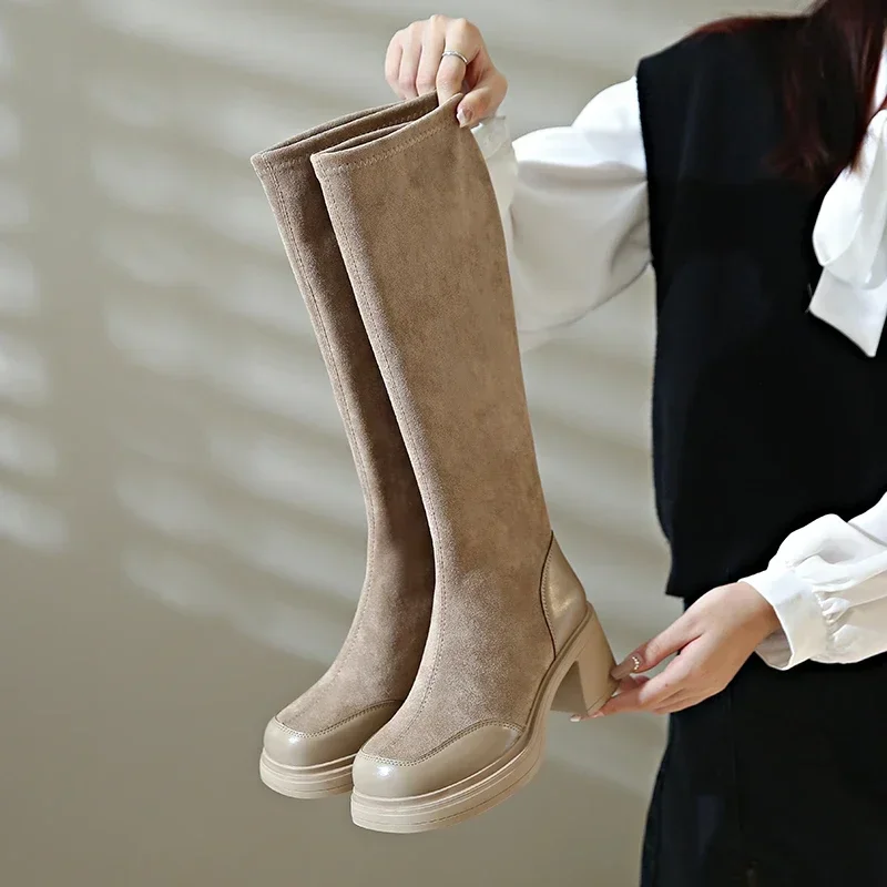 Spring and Fall Large Size 34 - 40 Women Shoes 2024 New Round Toe Women's Knee-High Boots Comfortab Square Heel High Boots Bota