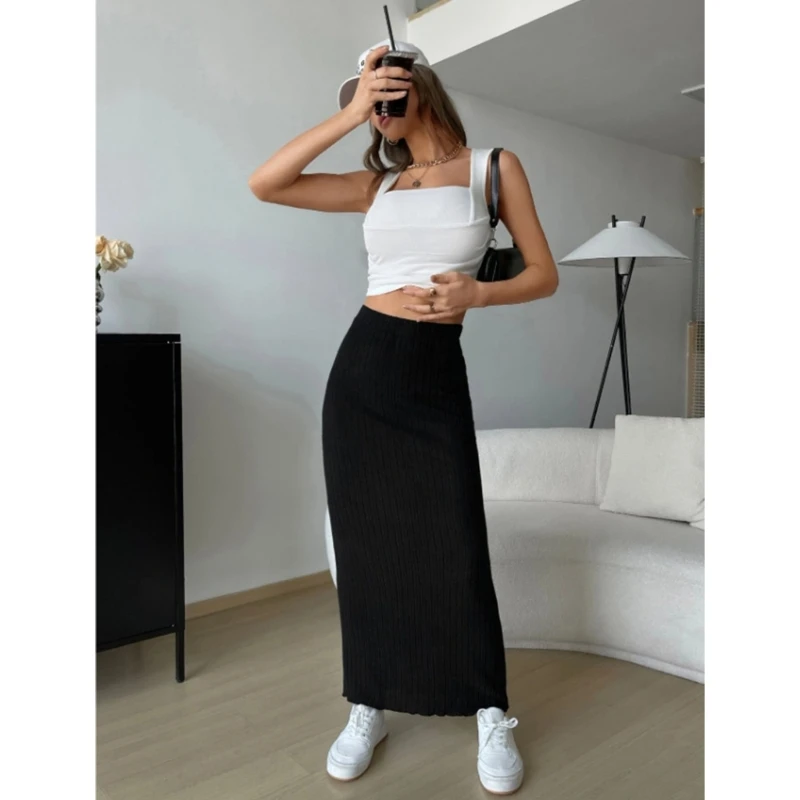 

Stretchy Ribbed Knit Bodycon Maxi Skirt Solid Color Casual High Waist Pencil Skirt Sexy Winter Midiskirt for Women Girls 066C