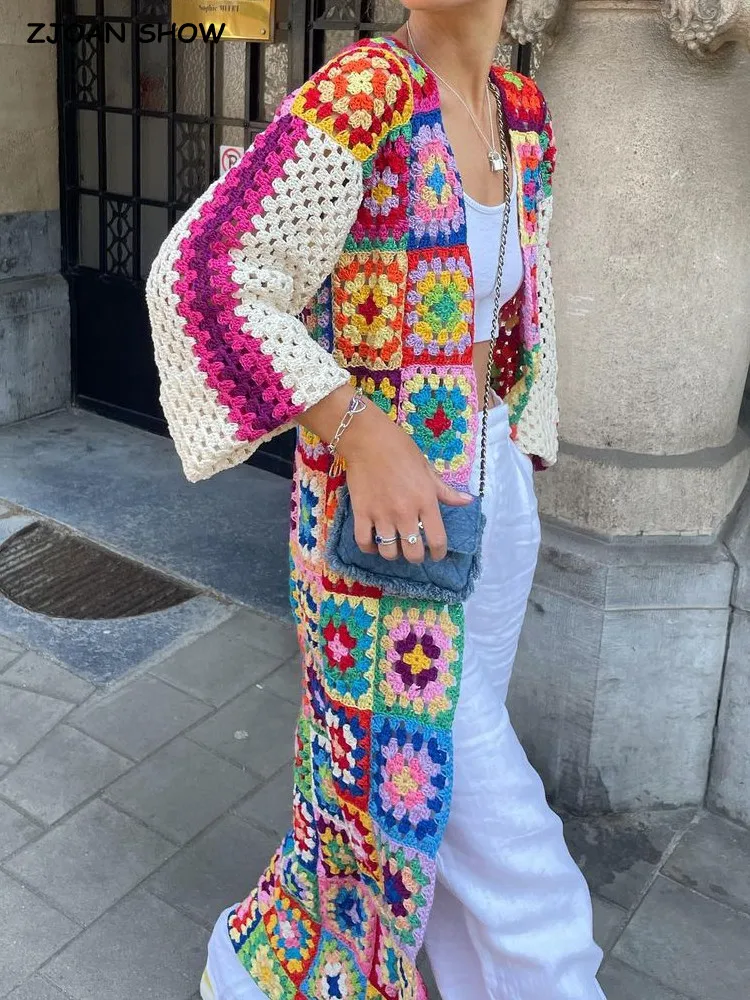 BOHO Colored Plaid Flower Hand Crochet Cardigan Ethnic Woman