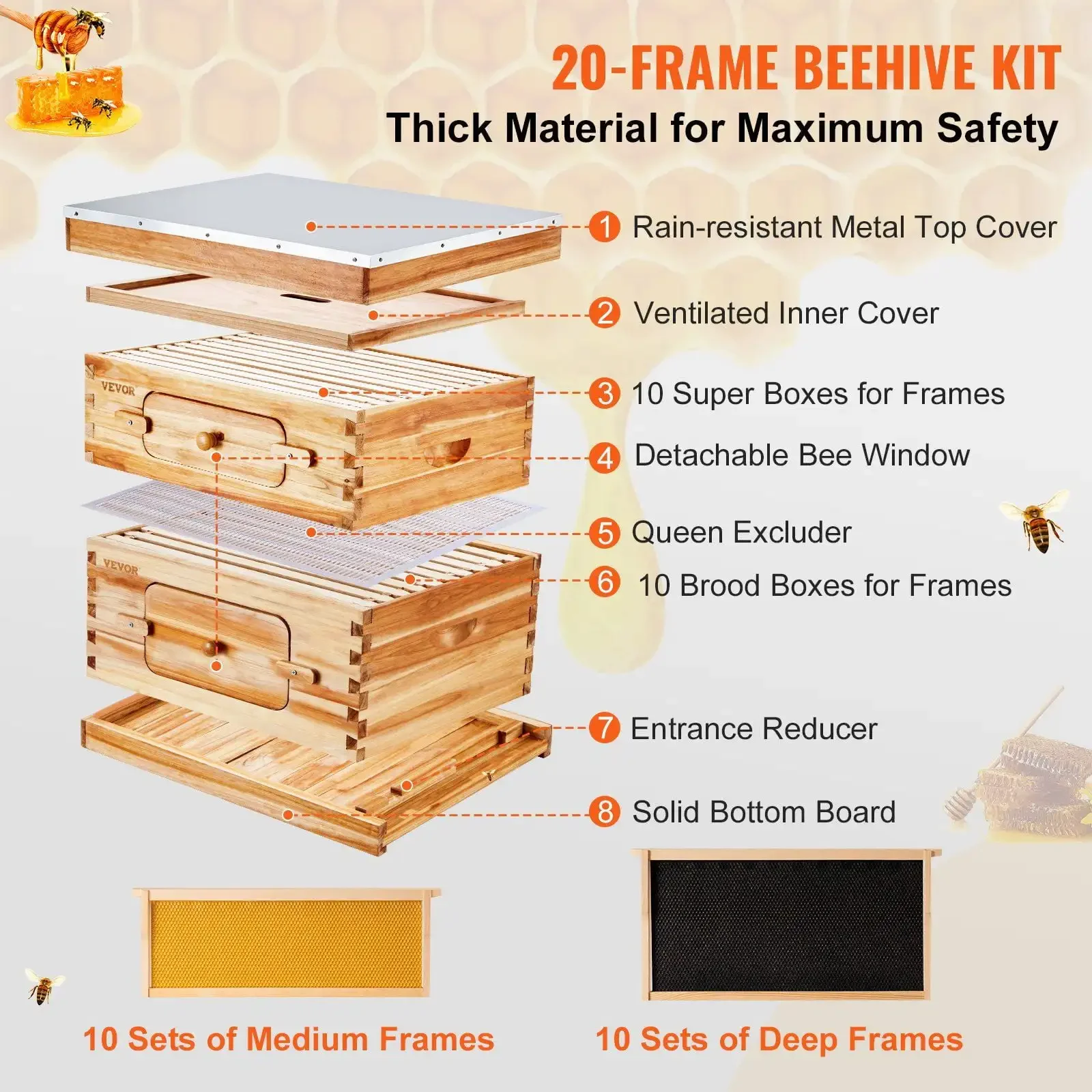 Bee Hive 20 Frame Bee Hives Starter Kit, Beeswax Coated Cedar Wood, 1 Deep + 1 Medium Boxes Langstroth Beehive Kit