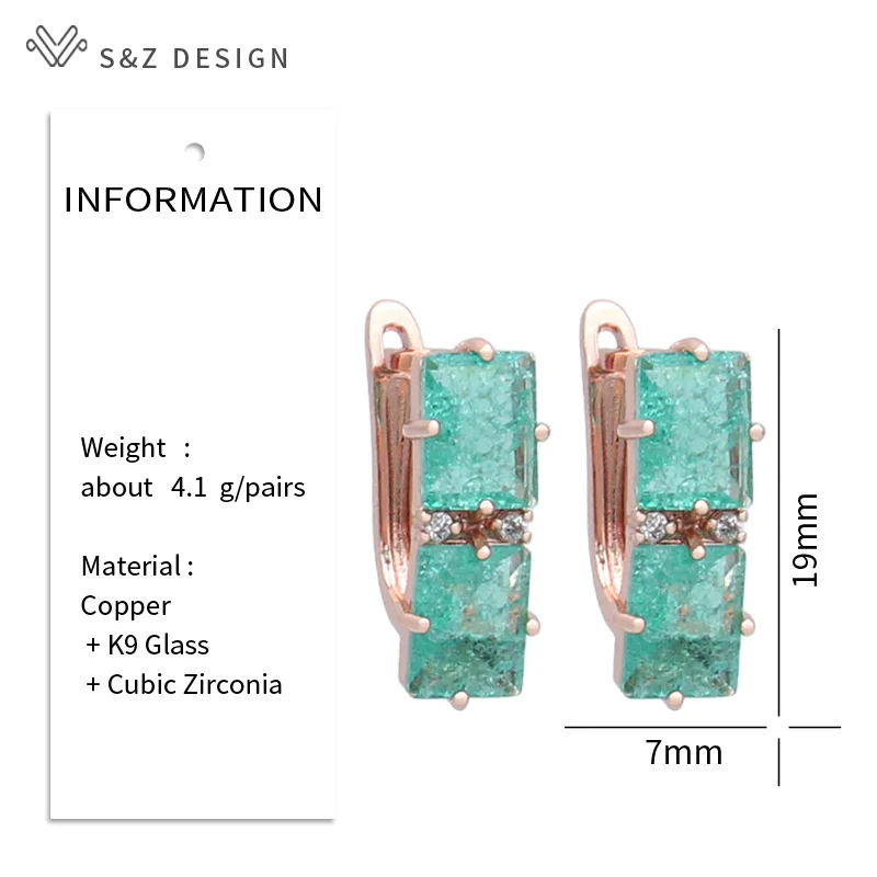 S&Z DESIGN New Fashion 585 Rose Gold Color Rectangle Ice Crack Crystal Drop Earring For Women Wedding Cubic Zirconia Jewelry