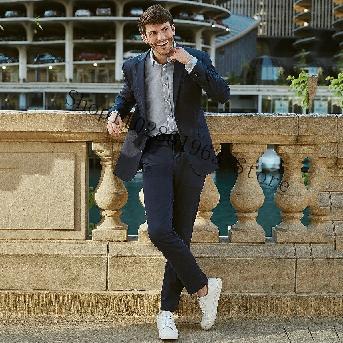 New Arrival Navy Blue Male Suit Slim Fit Notched Lapel Two Buttons 2 Pieces Best Men Groom Wear Suit Blazer Pants  Costume Homme