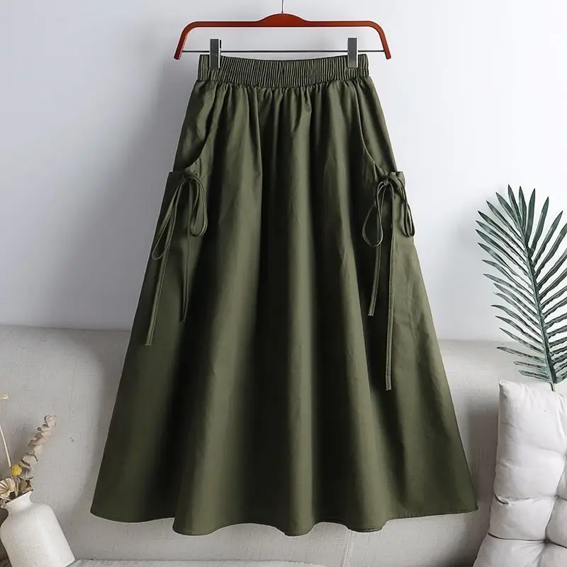Fashion Elastic Solid Color Pockets Lace Up Bow Casual Skirts Women's Clothing 2024 Summer New Loose All-match High Waist Skirts