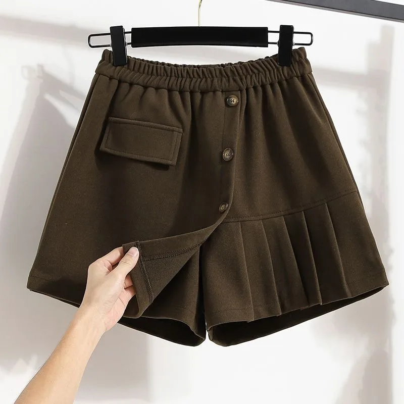 Women's Solid Elastic Waist Plus Size Trouser Skirt Autumn and Winter New Loose High-waist Ruched Button Casual Shorts