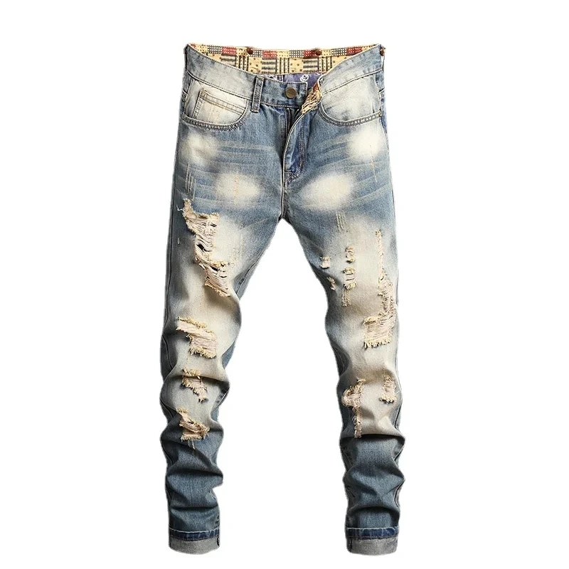 New Retro Distressed Ripped Slim Jeans for Men Street Hip-hop Stretch Straight Fashion Motorcycle Denim Trousers Male ripped jeans ripped patchwork jeans