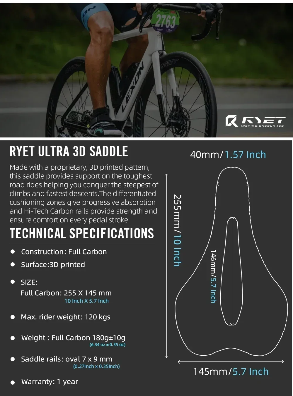 RYET 3D-gedruckter Carbon-Sattel, 145 mm, leichter Rennrad-MTB-Rennradsitz mit EVA-Polsterung für Komfort beim Radfahren – Detail 2