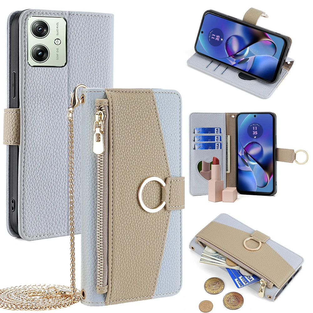 Elegant Leather Crossbody Wallet Case with Zipper and Long Chain Lanyard