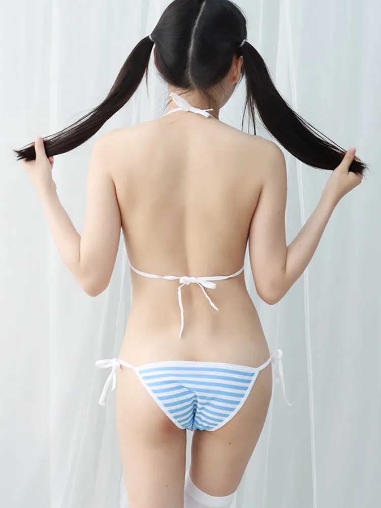 Lencería japonesa Sexy Lolita Kawaii Azul, minibikini a rayas blancas y rosas, Cosplay para adultos, disfraces eróticos, sujetador, ropa interior para mujer