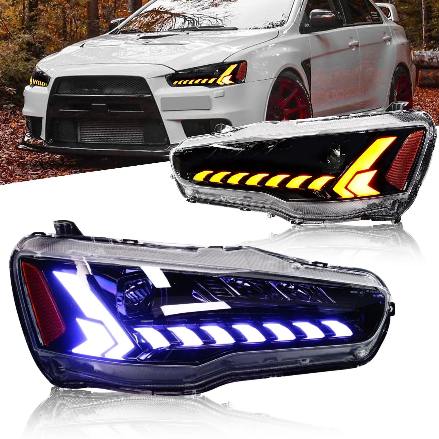 

Led Headlights for Mitsubishi Lancer EVO X 2008-2020 Dynamic Animation Clear Lens Sequential Front lamp