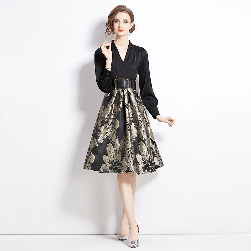 فستان أنيق أسود مطرز بالزهور فاخر على طراز الشارع...