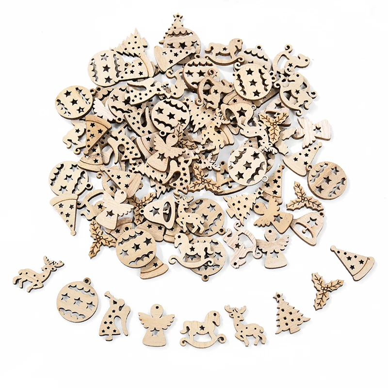 50Pcs Christmas Wooden Ornaments Unfinished Wood Slices Chip Christmas Tree Hanging Pendant Noel Home Decoration DIY Gift Craft