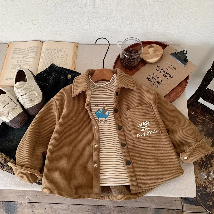 Fleece Lined Corduroy Shirt for Boys Baby Fashionable Autumn Winter Clothes Korean Style Children's Clothing Baby Shirt